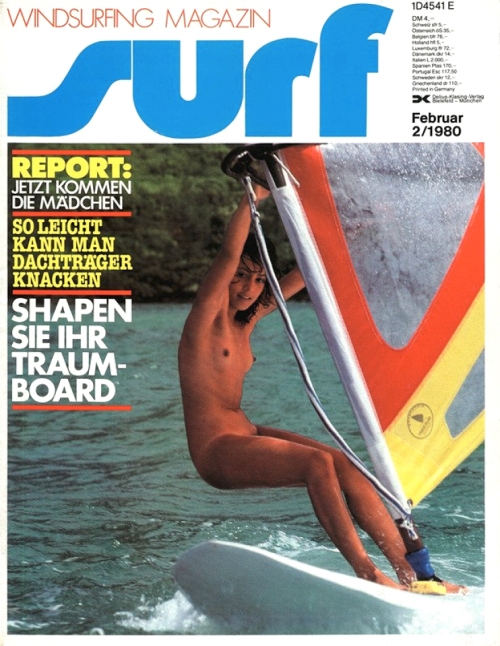 Nude windsurfing girl - Surf magazine cover February 1980